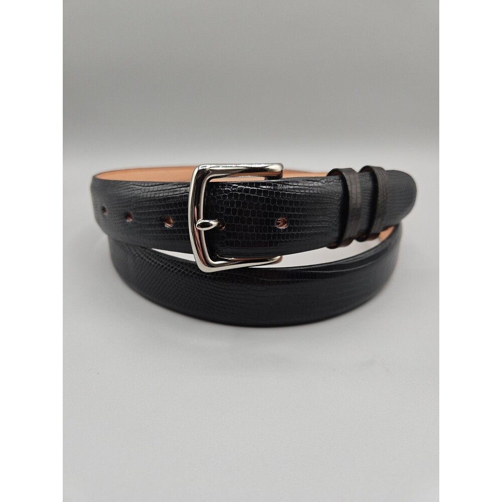Hand Crafted Java Lizard Leather Belt Size 44 Black Chrome Solid Brass USA Made